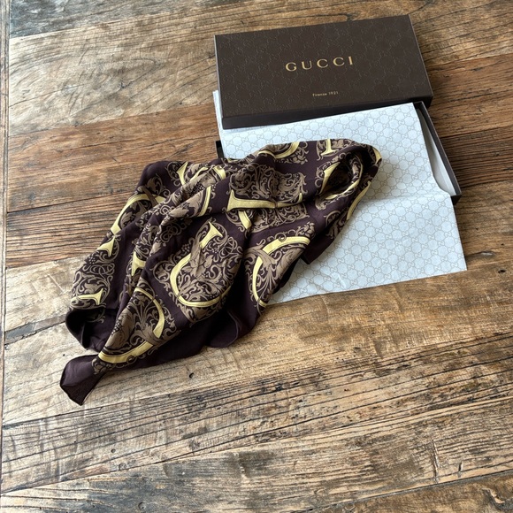 Gucci Accessories - Gucci Brown and Gold Baroque Silk Scarf New in Box